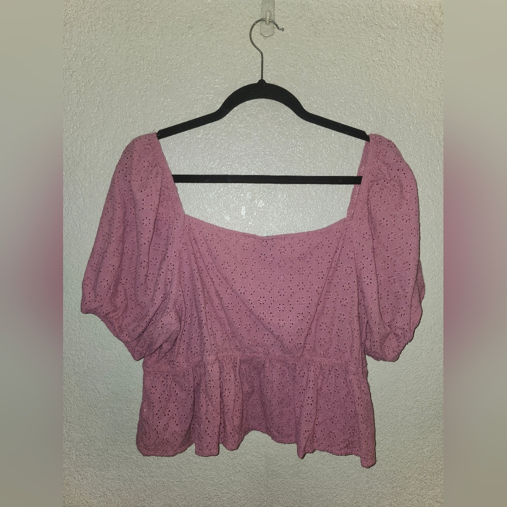 EUC Wild Fable "Eyelet Puff Sleeve Peplum Style Crop Top" 100% Cotton Pink💗 XXL - Picture 7 of 8